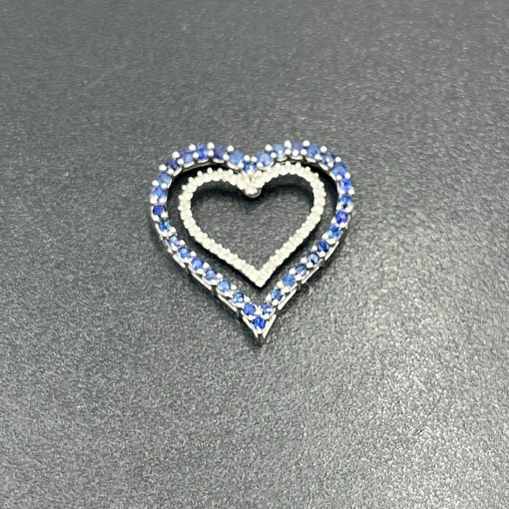 JWBR 10k White Gold Double Heart Pendant Blue Spinel and Diamond 21mm, 1.71g